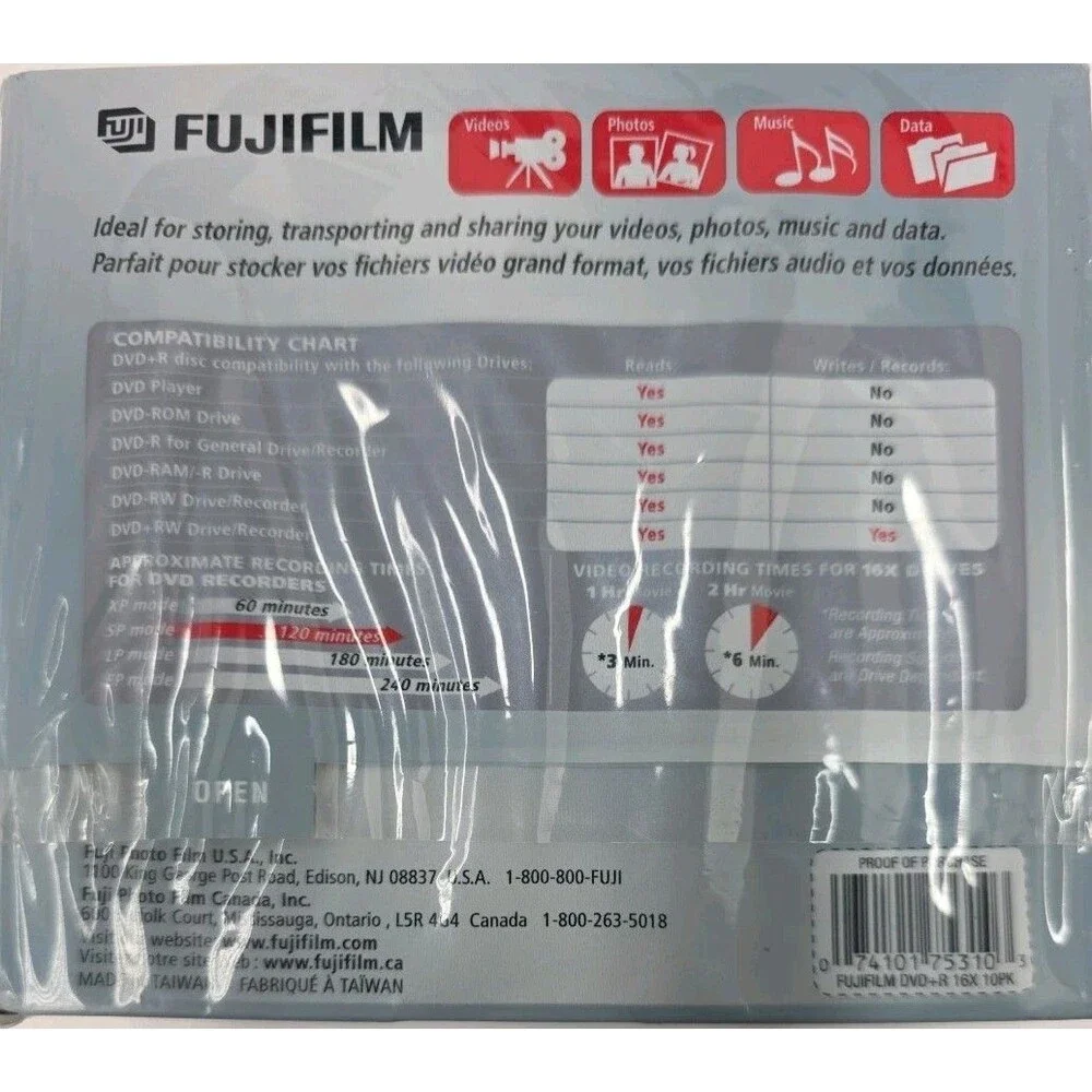 New FUJIFILM DVD +R 120 Min 1x to 16x 4.7 GB 10 Disc Pack Slimline Jewel Cases